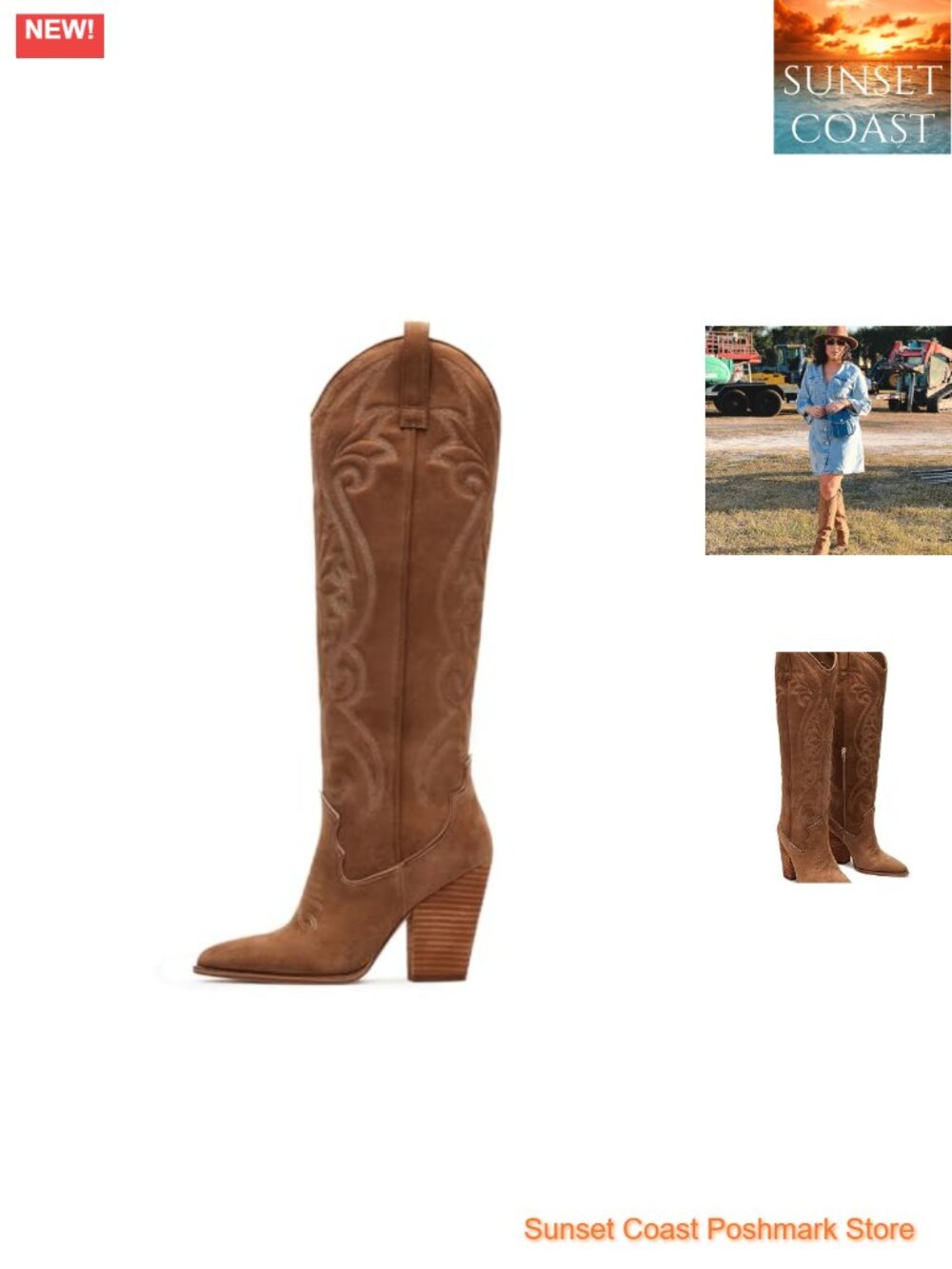 Knee High Cowboy Boots Pointed Toe Chunky Heel Pull On Embroidered Western Wide